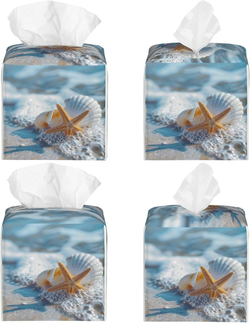 sndheke Shells Starfish on Beach Tissue Box Cover Square,Summer Ocean Shells Starfish Tissue Box Holder Waterproof Leather Facial Paper Organizer Dispenser for Bathroom Home Car Nightstand Vanity Desk - Image 2